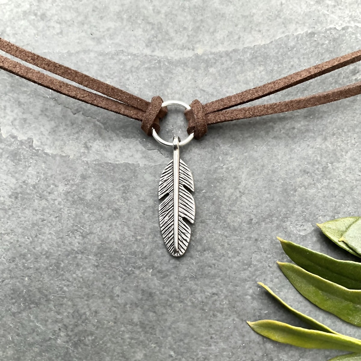 Boho Choker Necklace with Tibetan Silver Feather 14” adjustable