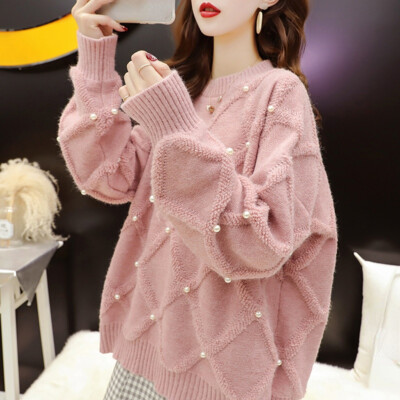 Pull Femme à Faux Perles Et Motif Carreaux - Tricoté En Polyester, Couleur Rose Foncé - Taille Unique