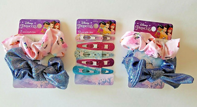 3 Pack Scunci Disney Princess Scrunchies & Snap Clips Great Stocking Stuffer New