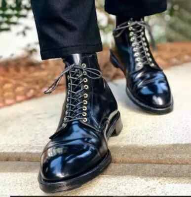 New Handmade Genuine Leather Black Cap Toe Formal Lace Up Dress Boots For Men
