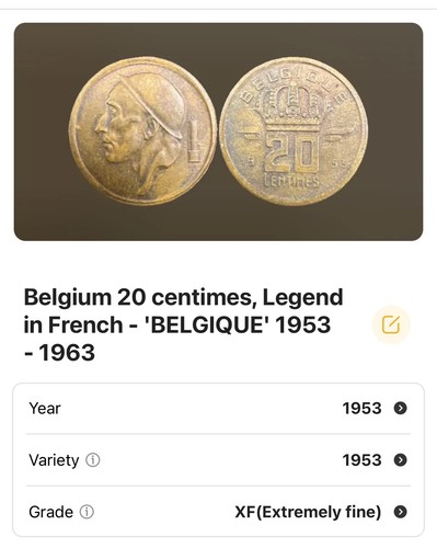 1953 Belgium 20 Centimes World Coin - KM# 146 - Picture 2 of 8
