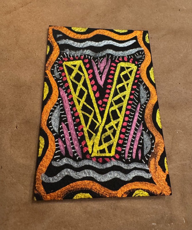 ACEO original painting metallic watercolor/ink colorful OOAK abstract letter V