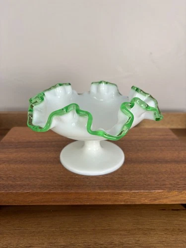 Fenton Emerald Crest Ruffled Edge White Milk Glass Pedestal Compote Candy Dish