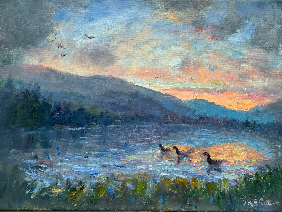 Montañas Originales Lago Pintura al Óleo Arte Paisaje Amanecer Amanecer Nubes 12x16 O/C Foto 2 de 4