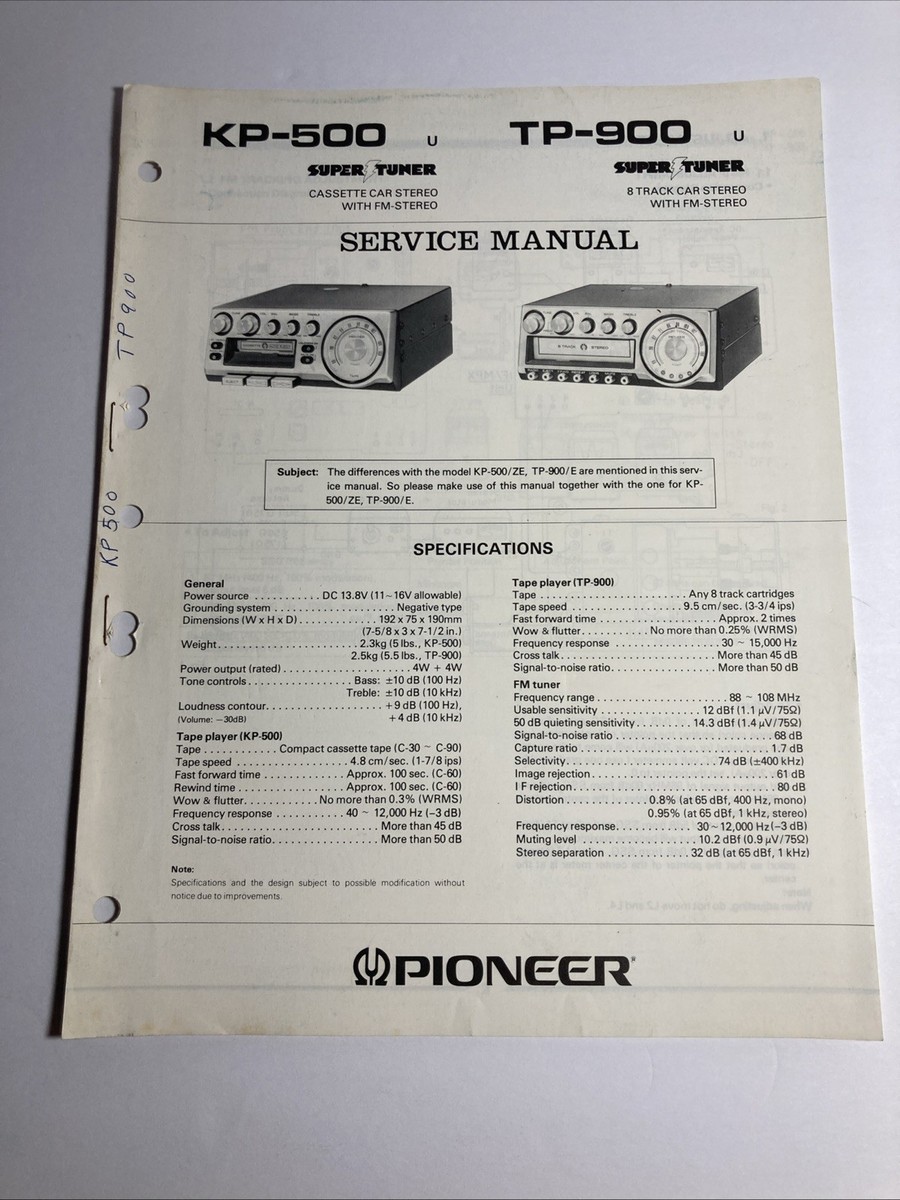 Pioneer KP-500/900 Cassette/8 Track Player Service Manual 1978