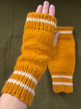 HandKnit 100% Wool HandWarmers Fingerless Gloves Solid Forest Yellow with White