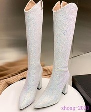 Fashion Women's Glitter Pointed Toe Block Heel Zip Knee High Boots Western Dress