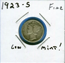 W@W 1923-s  MERCURY DIME !!!! ( Lower Mintage !!!! ) FINE !!!!!