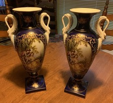 Pair Of  French Limoges Cobalt & Gold Vases W/Swan Handles
