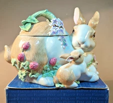Fitz and Floyd Botanical Bunny Rabbit Spring Easter Lidded Cookie Jar w/Box