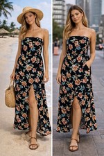 See You Monday Black Multicolor Floral Strapless Maxi Dress 100% Rayon Size M