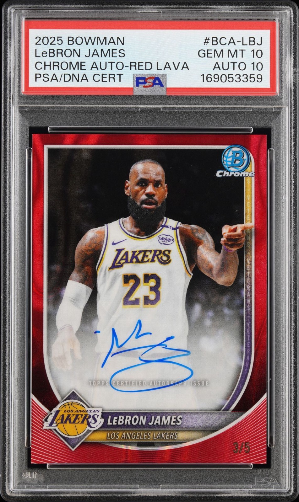 2025-26 Bowman Chrome LeBron James Auto Red Lava Refracto 3/5 PSA10 MT10 view 1