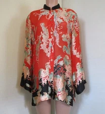 CITRON SANTA MONICA SILK/ RAYON RED FLORAL LONG SLEEVE SHEER BUTTON BLOUSE SZ MD