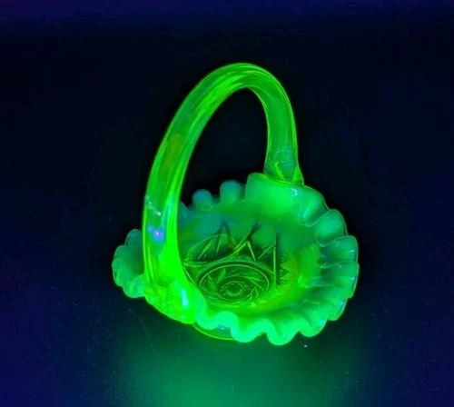 Vintage Fenton Vaseline Topaz Iridescent Opalescent Basket with Handle - Glows