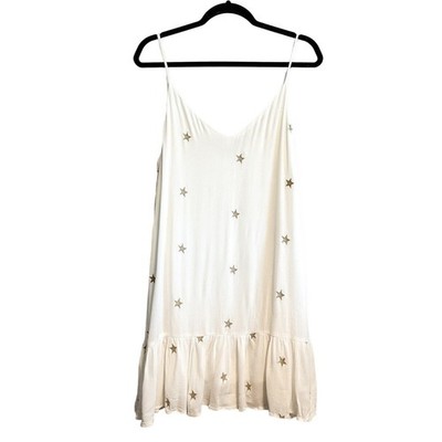 Storia White Star Embroidered Mini Dress Ruffle Hem Spaghetti Strap Size M