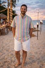 Lands End Seersucker Shirt Short Sleeve Button Down Men Large 16-16.5 Multicolor