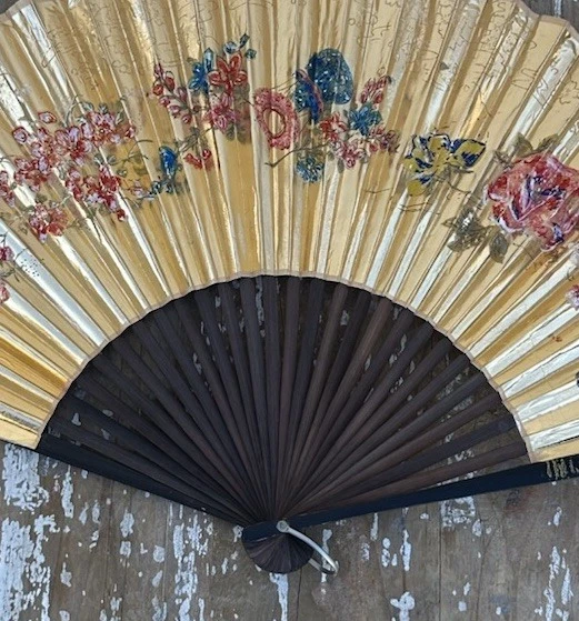 Vintage Asian-Style Hand-Painted Floral Folding Fan Wall Decor - Image 4 of 4