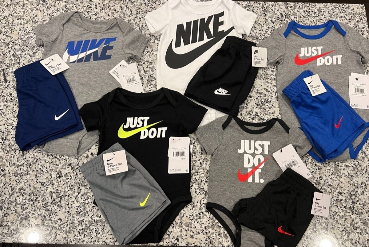 NWT NIKE BABY BOYS PC SET BODYSUIT MESH SHORTS GRAY BLACK BLUE WHITE  M