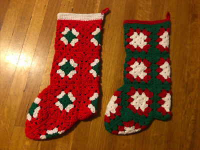 Vintage Crochet Christmas Stockings Set of Two Granny Square Handmade Red Green 