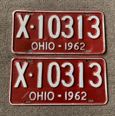 NICE 1962 OHIO LICENSE PLATE PLATES PAIR RED WHITE ALL ORIGINAL