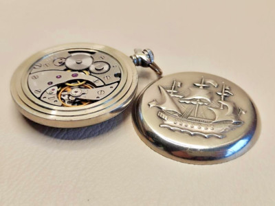 Pocket Watch Molnija 3602 SU SAILBOAT 18 Jewels Vintage USSR SERVICED 80s