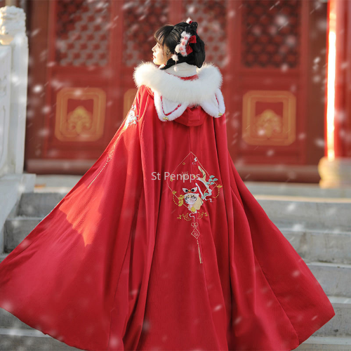Cloak Hanfu Women Long Style with Velvet Coat Chinese Style Hooded Cape Ancient - Picture 17 of 18
