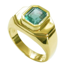 Emerald Cut Colombian Emerald Wedding Solitaire Men's Ring 14K Yellow Gold