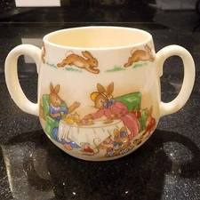 Vintage Royal Doulton BUNNYKINS TEA TIME Double Handled Mug Cup Bunnies