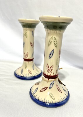 Ceramic Candlestick Holders (2) Leaf Stamp Pattern