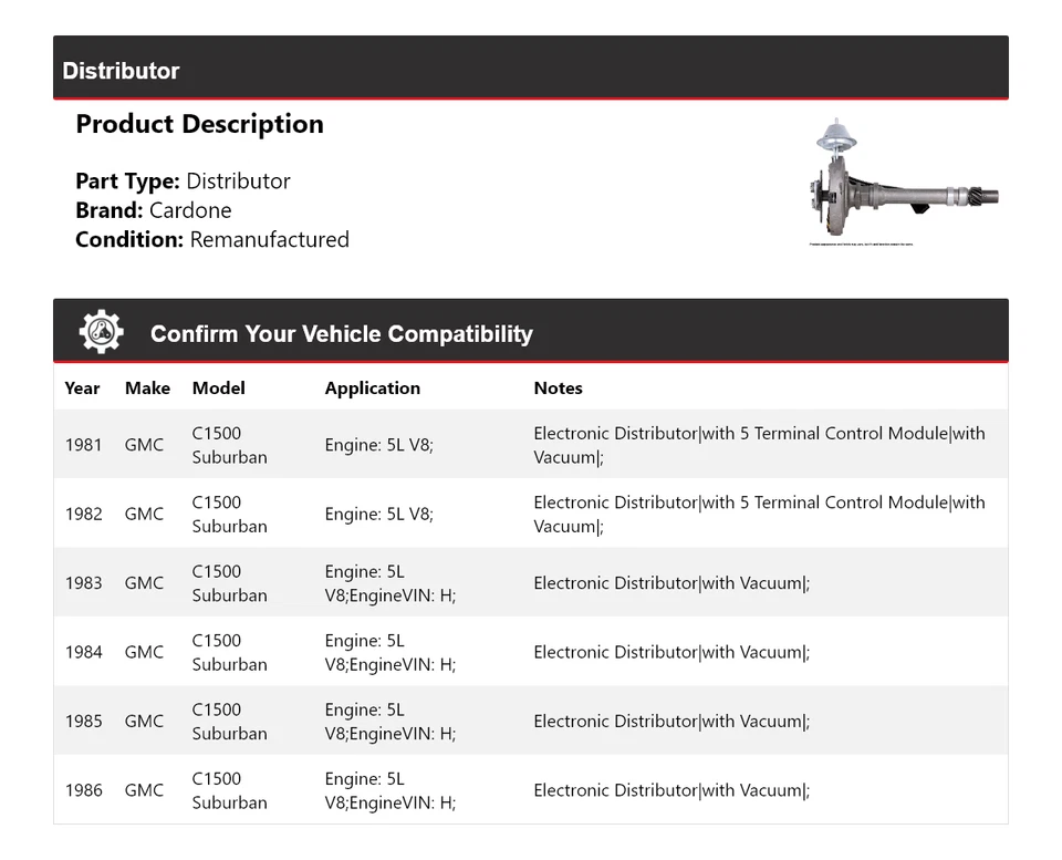Para 1981-1986 GMC C1500 Suburban 5L V8 Distribuidor Cardone 1982 1983 1984 1985 - Imagem 2 de 4
