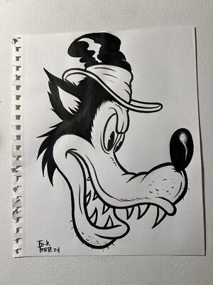 Big Bad Wolf Cartoon Character Horror Original Art drawing By Frank Forte