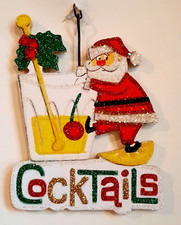 HOLIDAY COCKTAIL w SANTA CLAUS * Glitter CHRISTMAS ORNAMENT * Vtg Img