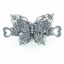 VINTAGE BUTTERFLY HAIR CLAW CLIP HAIRPIN USE SWAROVSKI CRYSTAL ELEGANT SILVER