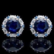 3Ct Lab Created Round Blue Sapphire  Diamond Earrings 14k White Gold Finish