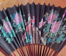 Vintage Chinese Wall Fan Floral Birds Hand Painted 39 x 48" Large Peony Red Bird