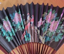 Vintage Chinese Wall Fan Floral Birds Hand Painted 39 x 48" Large Peony Red Bird
