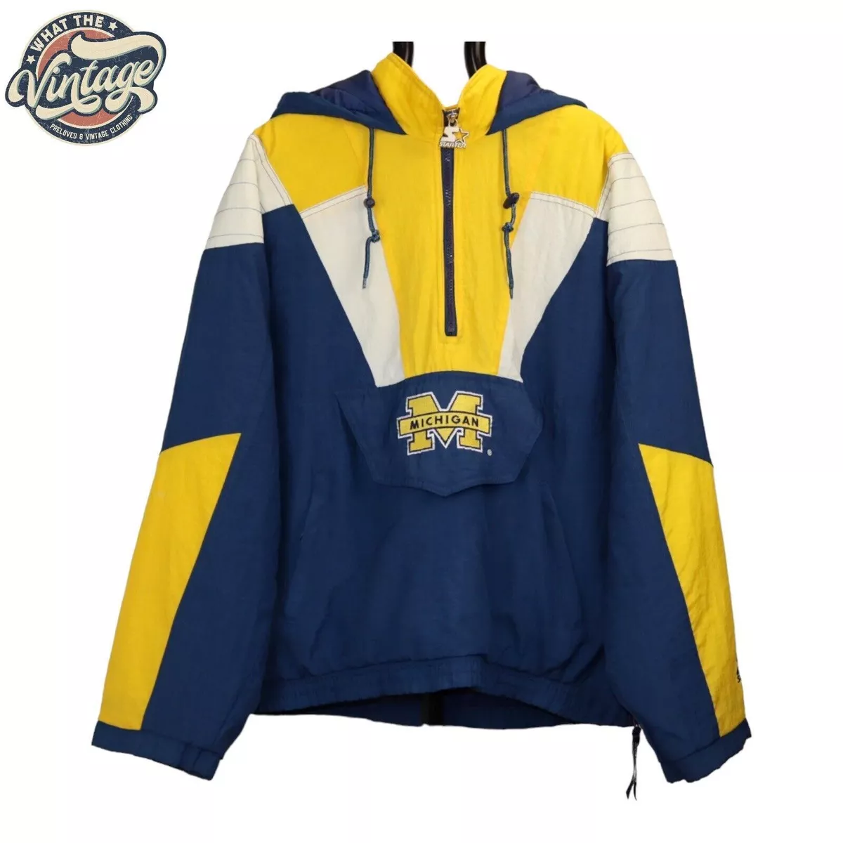MICHIGAN WOLVERINES Vtg 90s 1/2 Zip Pullover STARTER Jacket Yellow & Blue  Size M
