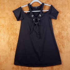 LULUS Dress Womens Small Black Pullover Mini Shift Cold Shoulder Lace Up SHIRINA