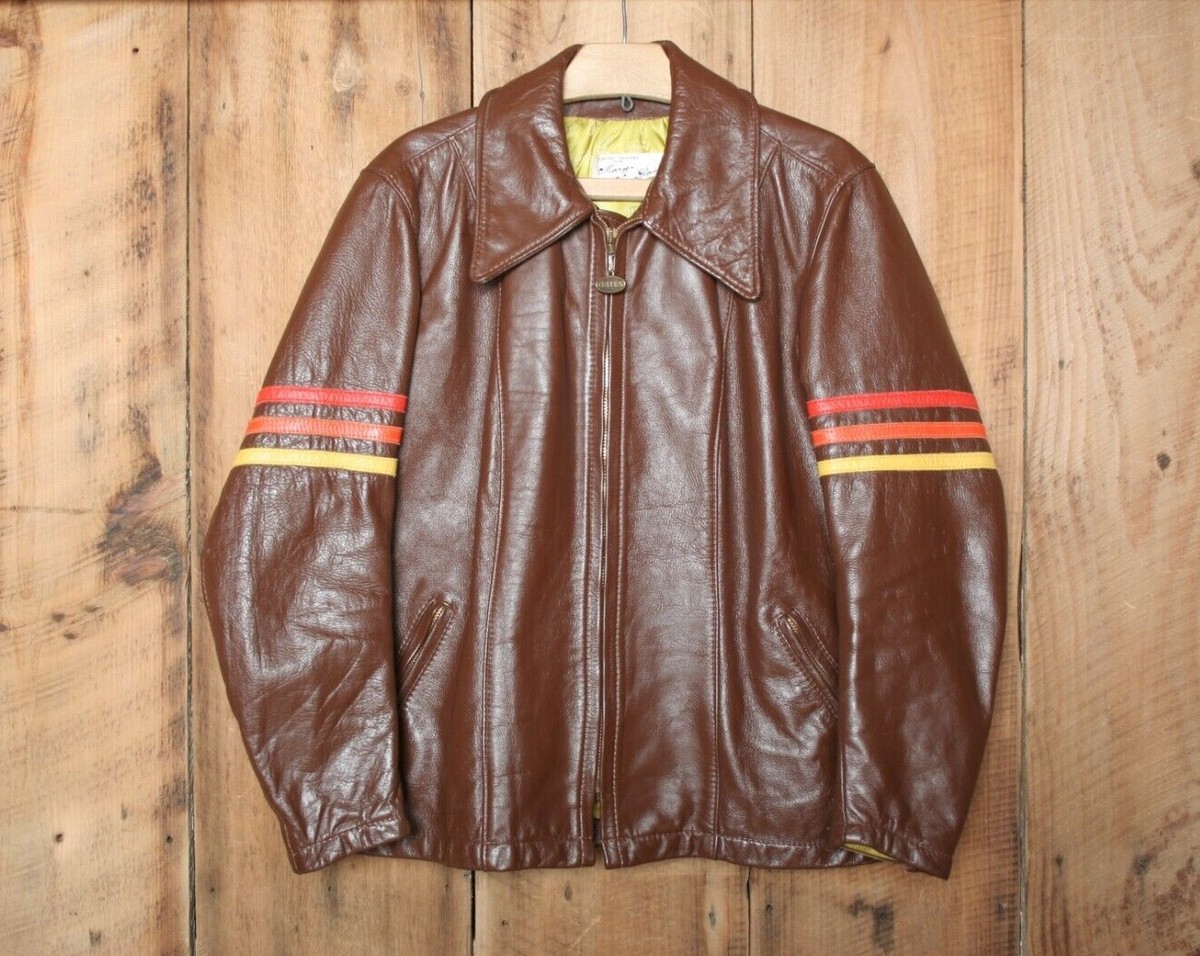 Vintage BATES Brown Leather Moto Jacket w/Striped Sleeves
