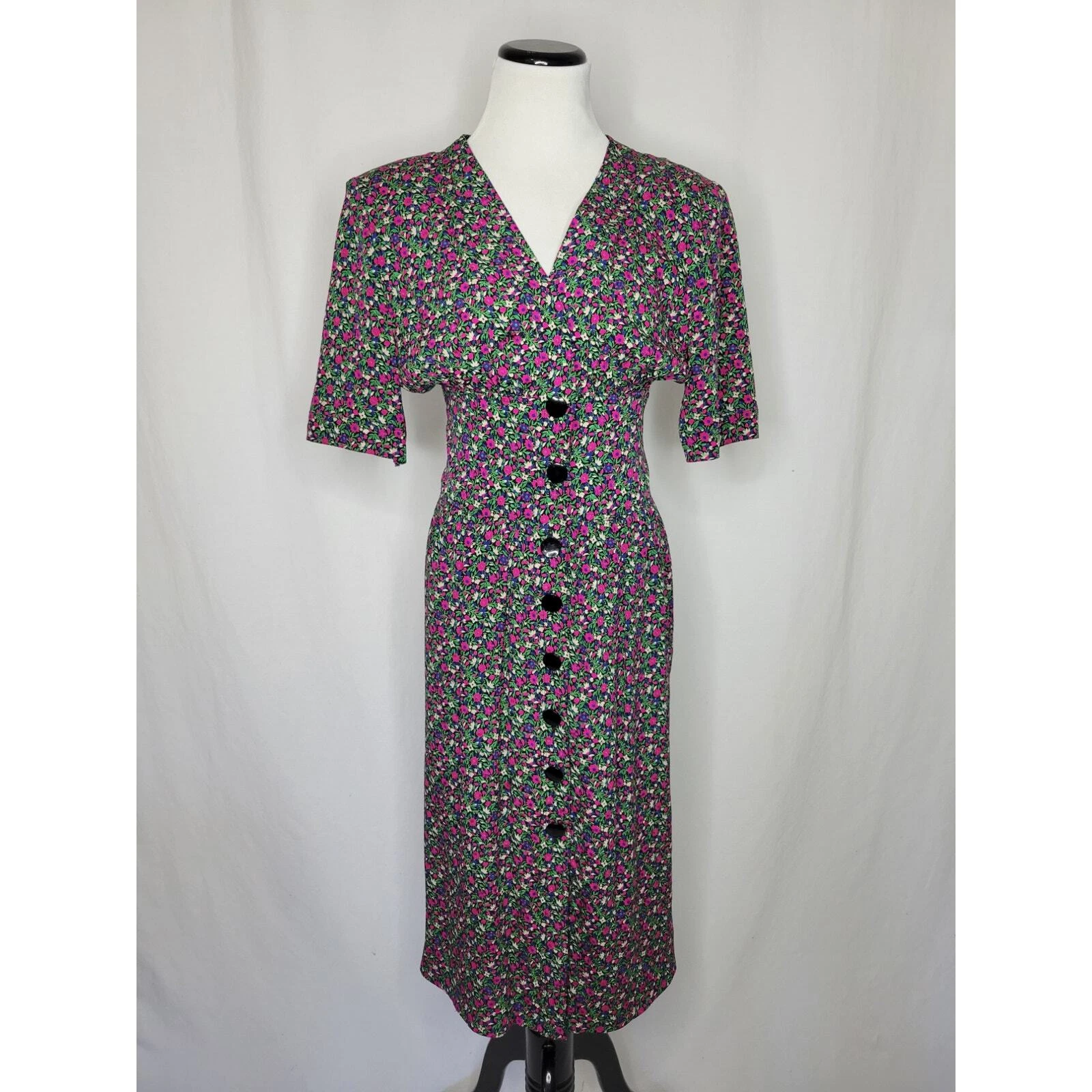 Abito vintage Valentino taglia 6 100% seta stampa floreale abbottonato Italia anni '80