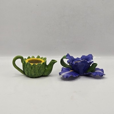 Vintage Floral Purple Rose Cabbage Teapot Candlestick Holder Ceramic Handmade 
