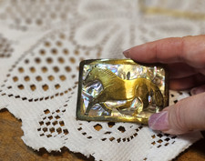 Vtg Running Horse Belt Buckle Inlaid Abalone Shell Brass Tone Rectangular