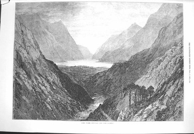 Alter antiker Druck 1871 Loch Maree Dingwall Sky Railway Schottland Berge 19.