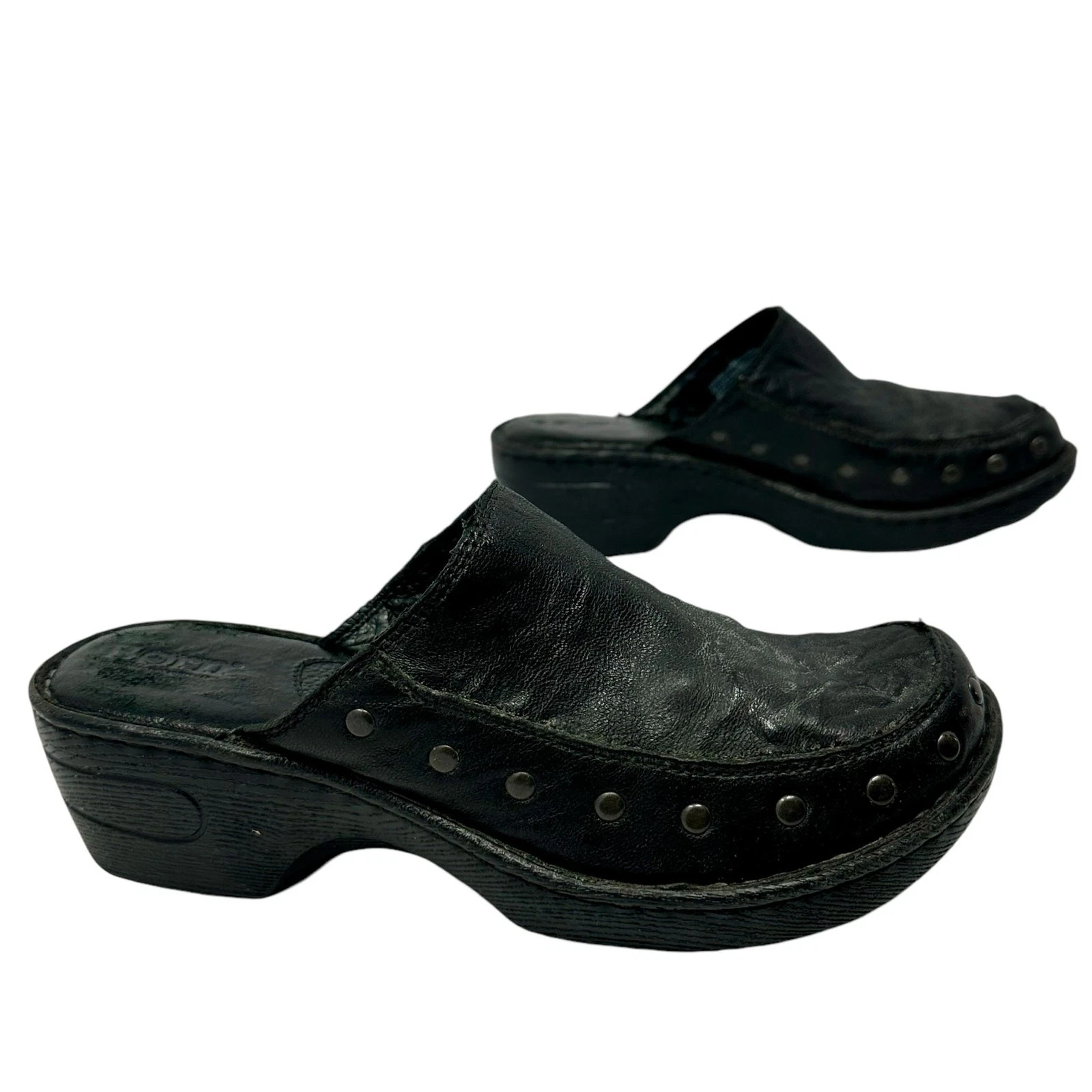 BORN Leather Mules Sz 8/39 Crinkled Studded Clog Comfort Shoes Whimsigoth