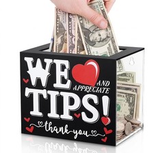 Acrylic Tip Box for Money, Clear Tip Jar with Wall Mount Hole, 2 Paste Hooks ...