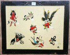 original 1981 vintage ron kevie she devil eagle heart swallow tattoo flash 11x14