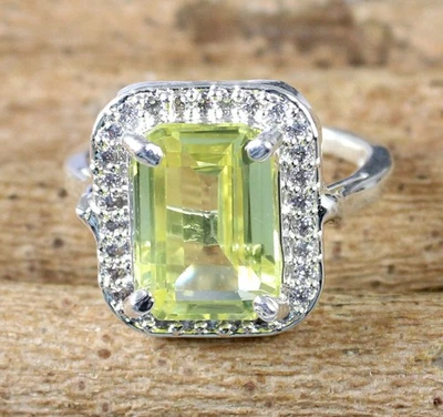 Certifié Naturel Jaune Saphir 11.73 CT Émeraude Coupe Gemme Fiançailles Bague - Photo 1/4
