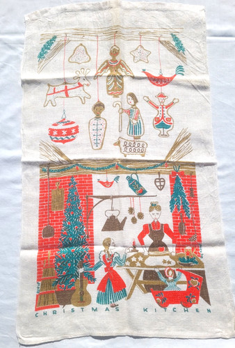 MCM 100% Linen Christmas Kitchen Towel Tea Dish Vintage Tree Ornaments USA Made