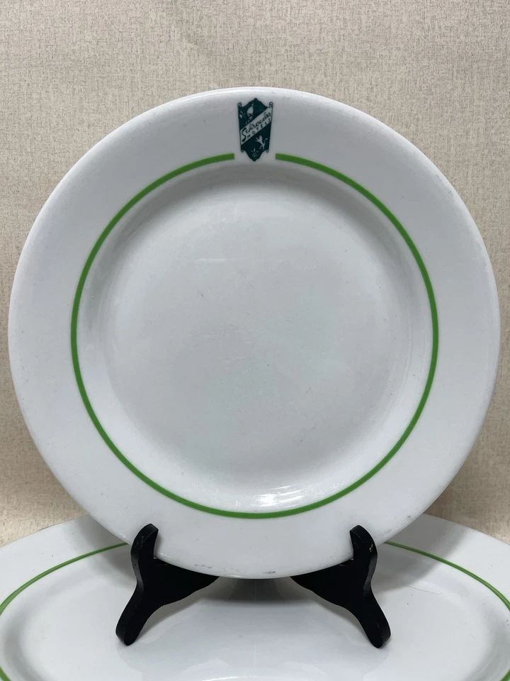 Juego de 2 platos vintage Schroeder Hotels logotipo a rayas verdes Shenango China Foto 3 de 4