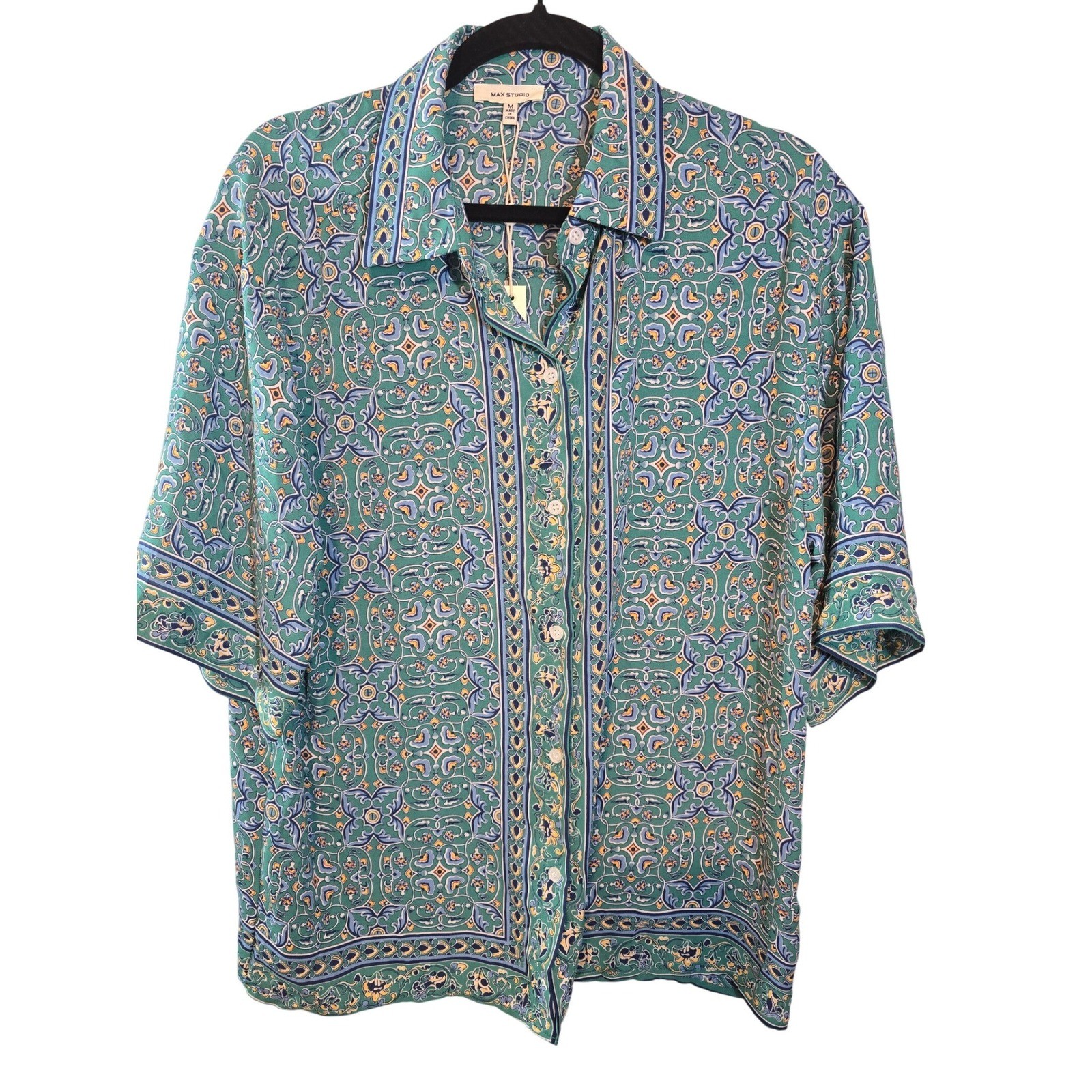 MAX STUDIO Women Green Tile Print Button Down Shirt Short Sleeve Size M New